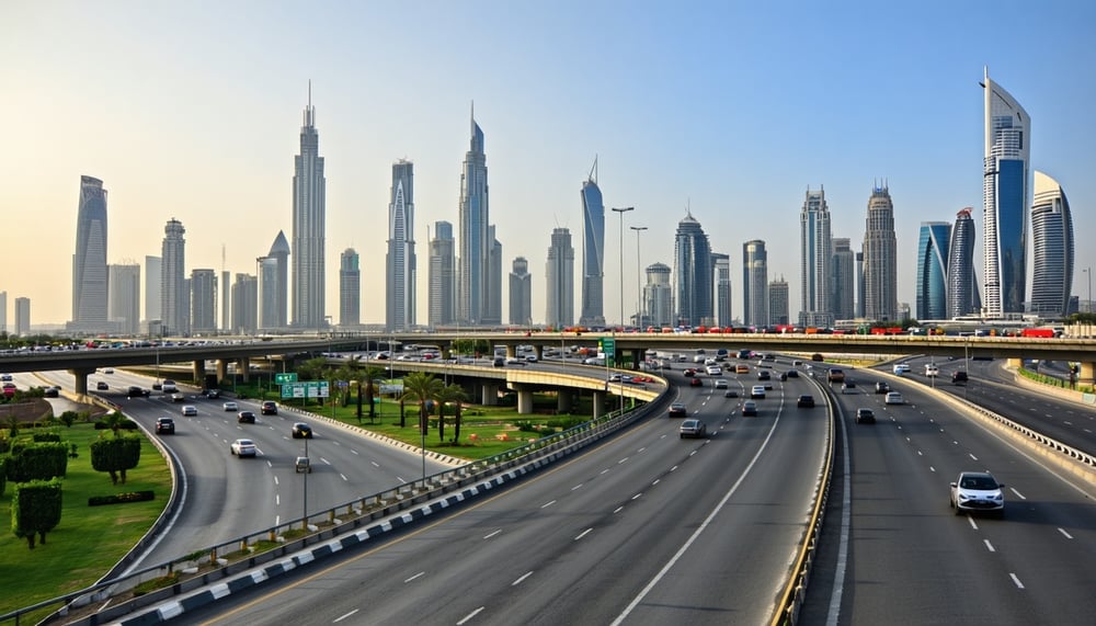 Dubai skyline with major highways and toll gates