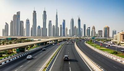 Dubai skyline with modern roads and toll gates