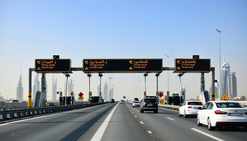 Dubai Travel Road Toll system in use on a busy Dubai highway